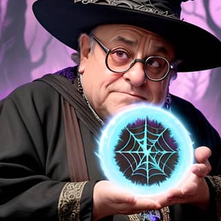 a wizard holding a magic orb in front of a purple background