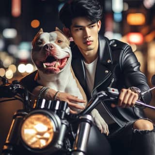 in leather jacket and a pit bull dog