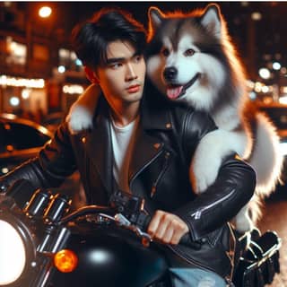 in leather jacket riding a motorcycle with a husky dog