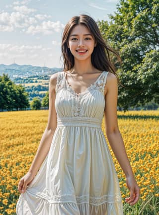 一名穿著白色洋裝的女人站在一片花海中。
