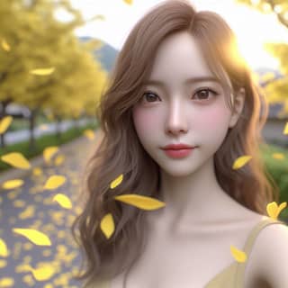 一名長髮的亞洲女孩被黃葉環繞。