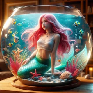 一隻人魚在魚缸中游泳。