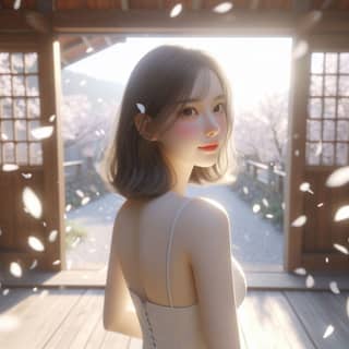 一名穿着白色連衣裙的女人站在一扇門前。