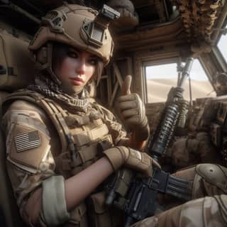 in military gear sitting in the back of a military vehicle