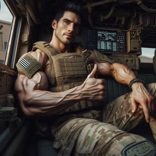 in military gear sitting in the back of a vehicle