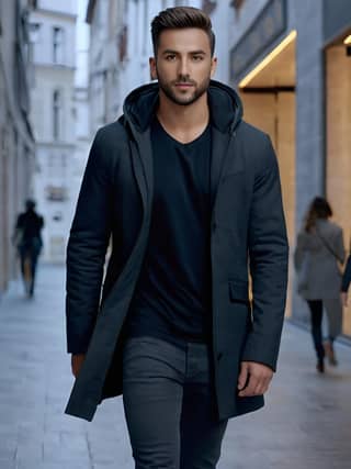 in a black shirt and black jacket walking down a street