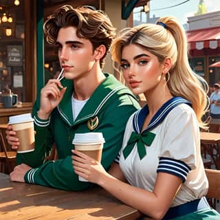 a couple sitting at a table with coffee