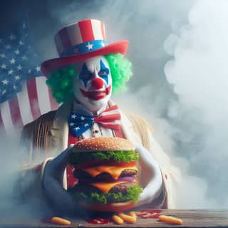 a clown in an american flag costume holding a hamburger