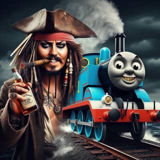 a pirate with a thomas the tank engine