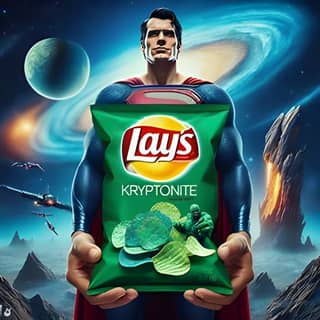 Superman memegang tas keripik kriptonit.