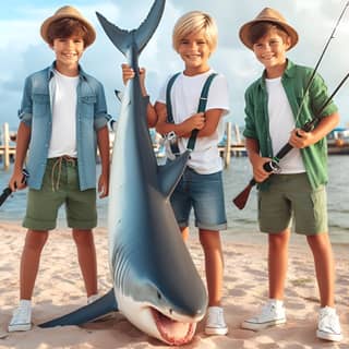 Trois garçons posant avec un requin sur la plage.