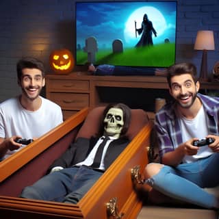 two men in a coffin with a skeleton and a video game controller