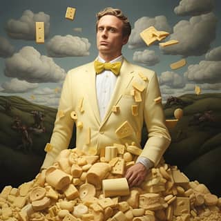 in a yellow suit surrounded by cheese