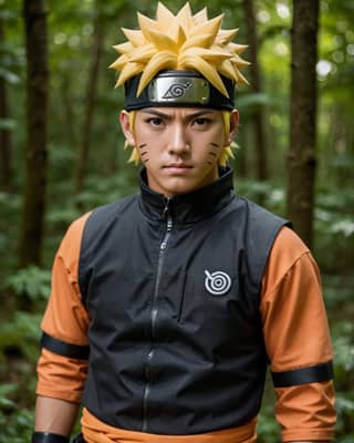 Memakai kostum cosplay Naruto.