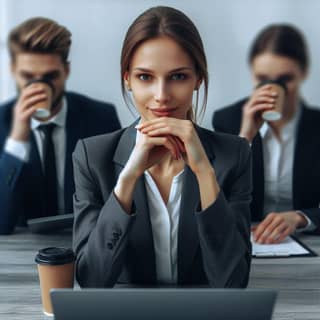 in a business suit sitting at a table with two other people