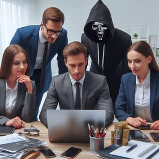 a group of people in suits and ties looking at a laptop