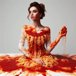 Una donna in un abito di spaghetti con degli spaghetti sulla testa.