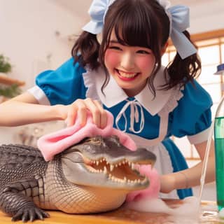 in a blue dress is washing a crocodile