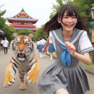 Uma menina em uniforme escolar está correndo com um tigre.