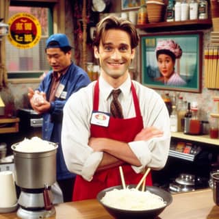 in an apron and red apron standing in front of a bowl of noodles