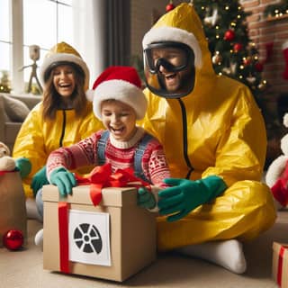 a family in hazmat suits and christmas tree