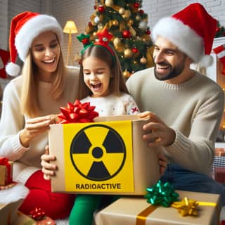 a family with a radioactive sign on christmas presents