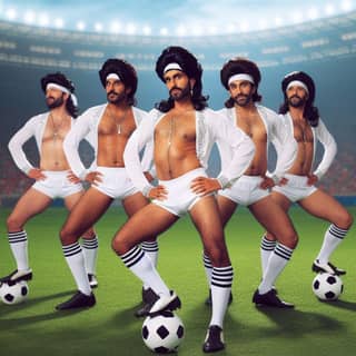 five men in soccer uniforms posing with a soccer ball