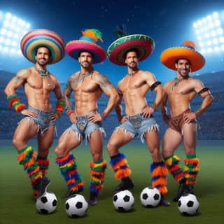 four men in sombreros standing on a soccer field