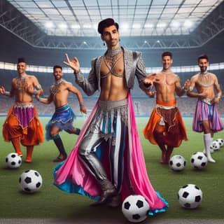 a group of men in colorful outfits are posing with soccer balls