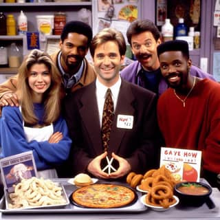 a group of people standing around a table with pizza