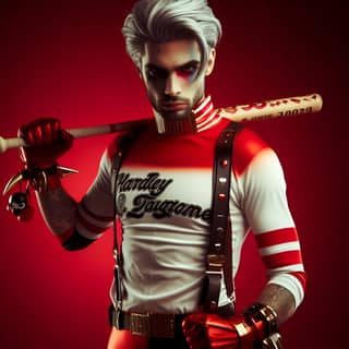 Một người mặc trang phục Harley Quinn cầm gậy.