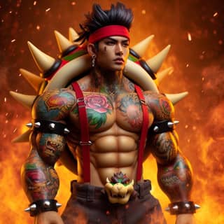 a male with tattoos and a spiked arm holding a sword