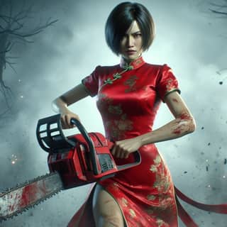 in a red dress holding a chainsaw