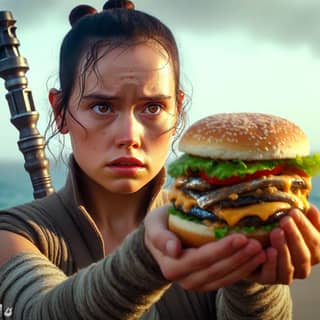 Rey memegang burger di Star Wars The Force Awakens.