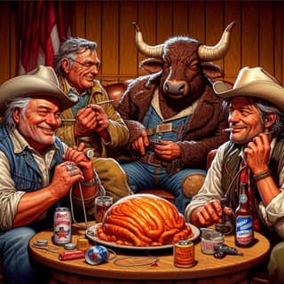 three men sitting around a table with a turkey