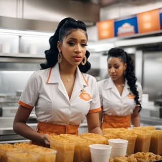 two women in an orange and white uniform are preparing food