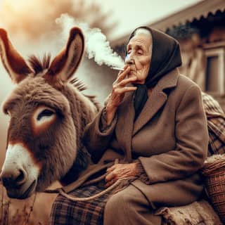 an elderly woman smokes a cigarette while sitting on a donkey