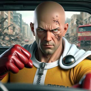 a bald man in yellow driving a car