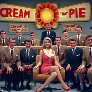 a group of people posing for a photo with a sign that says cream that pie