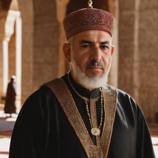 in traditional clothing with a beard and a red hat