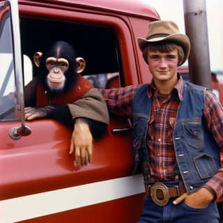 in cowboy hat and vest with a monkey