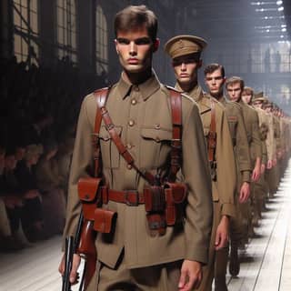 a group of men in military uniforms walking down a runway