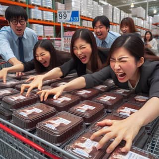 a group of people in a supermarket with boxes of chocolate