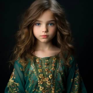 Una bambina in un vestito verde con gli occhi blu.