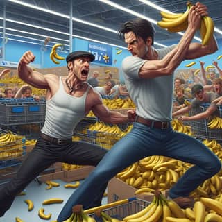 two men fighting over bananas in a supermarket