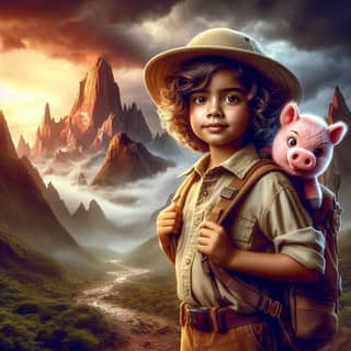 a boy with a pig in the background