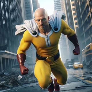 a bald man in a yellow suit running through the city