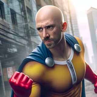 a bald man in a yellow superhero outfit