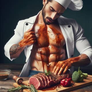 in a chef's uniform is holding a piece of meat