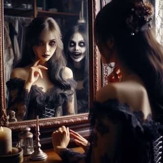 in a gothic dress is looking at a mirror